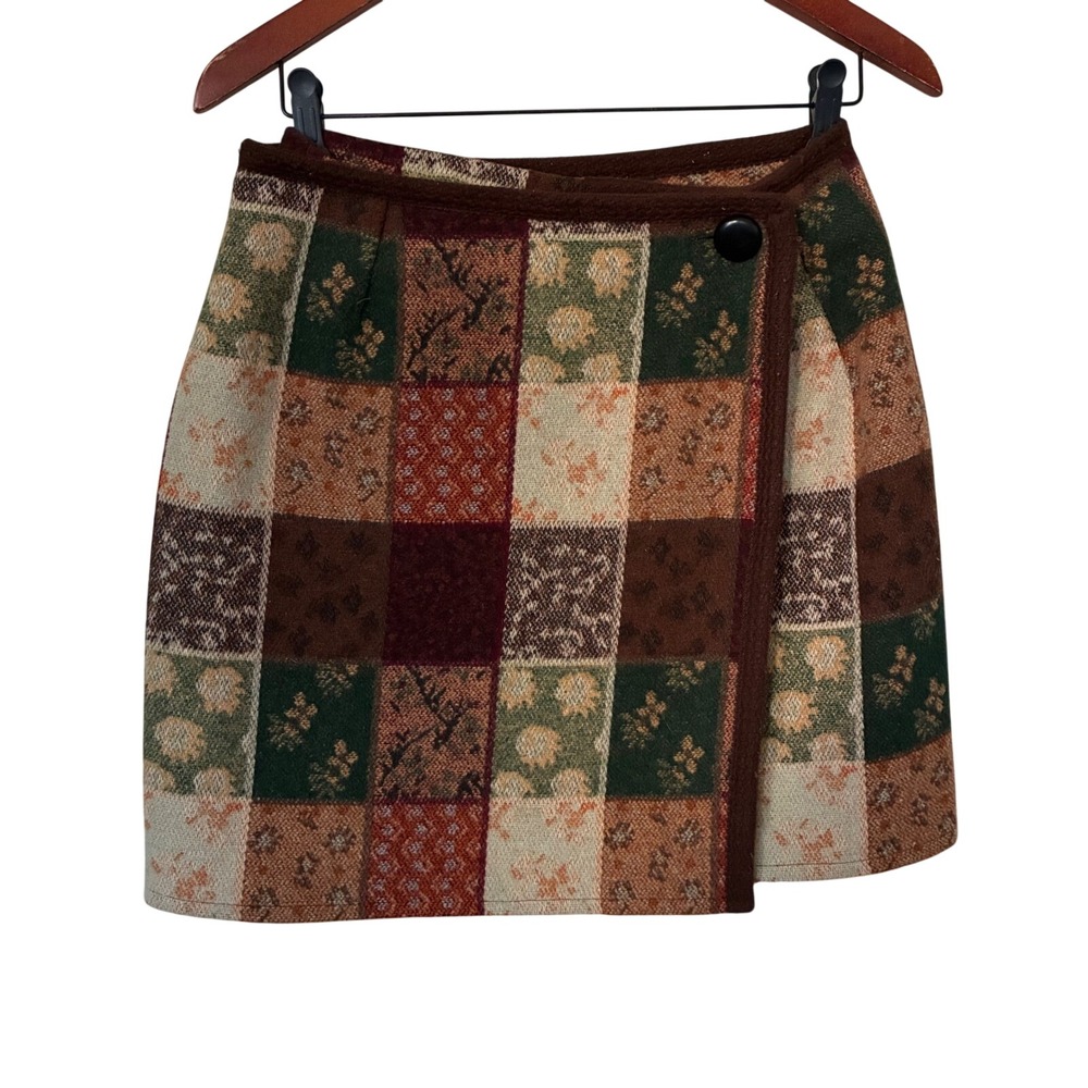 The Limited Vintage Wool Blend Patchwork Wrap Mini Skirt Brown Green Floral L